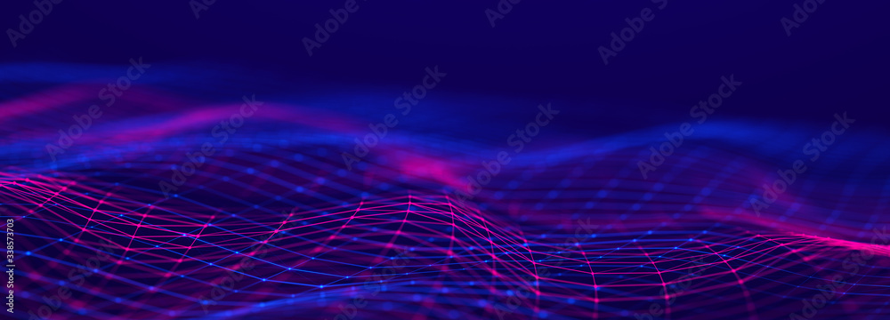 Aufkleber Futuristic wave on dark background. Colored pattern of connection dots and lines. Technology or Science Banner. 3D