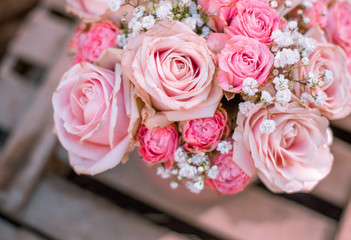 Top view of a bouquet of pink roses.