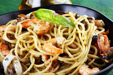 Seafood pasta. Dish with mediterranean frutti di mare on table