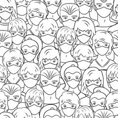 Seamless pattern with a people in medical masks, coloring page. Stop coronavirus