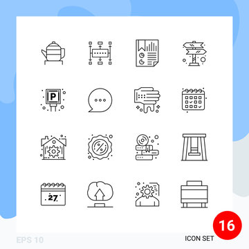 Universal Icon Symbols Group of 16 Modern Outlines of navigation, road trip, planning, directions, page