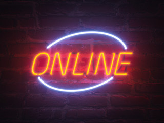 Open Online. Illustration of a neon Sign on Brick wall.  Concept of bussines in Internet. 3d render illustration