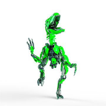 dino raptor robot is running on front view