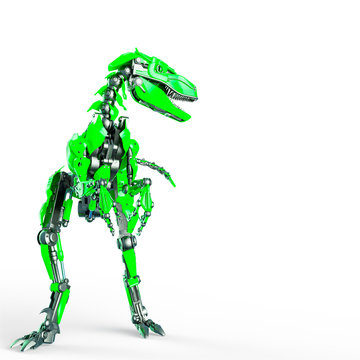 dino raptor robot is looking to the right with copy space