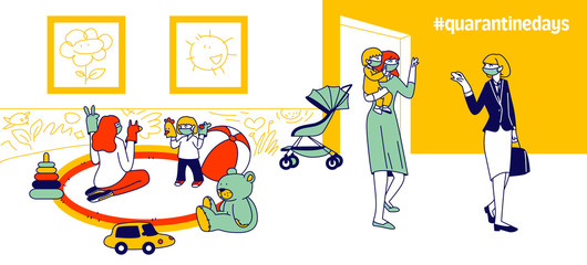Babysitter and Nanny Occupation at Quarantine due to Covid 19 Concept. Nursery Characters in Masks Playing with Children, Care of Newborn Toddlers. Work with Infant Babies. Linear Vector Illustration