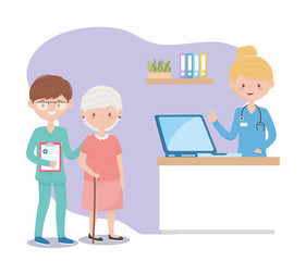 female and male nurses and grandma assistance, doctors and elderly people