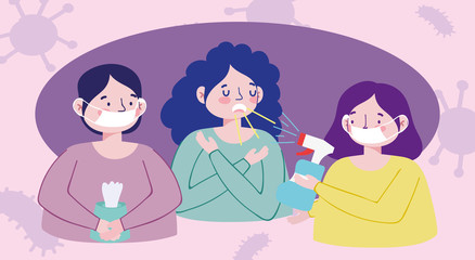 people with medical mask hand sanitizer, tissue paper box, covid 19 coronavirus pandemic prevention