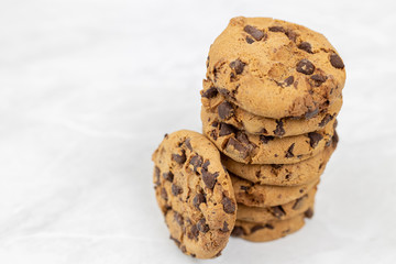 Stacked choco biscuits on the grey marble table
