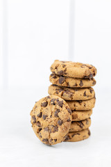 Stacked choco biscuits on the grey marble table