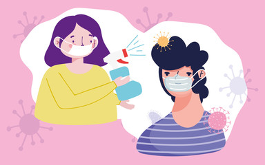 couple with protective masks and spray disinfectant, covid 19 coronavirus pandemic prevention