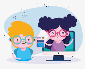 Fototapeta premium education online, students girl in video and boy laptop certificate