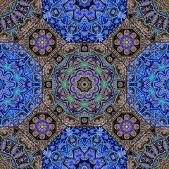 Delightful ornament of octagonal and square tiles with flowers and mandalas in blue and brown tones. Carpet, shawl in ethnic style, fabric for bedding. Indian, arabic, moroccan, damask motifs.