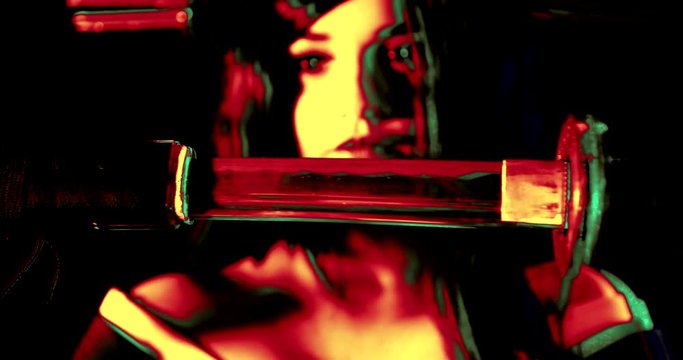 young woman is taking out sword from sheath, closeup hallucination view