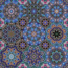 Fine pattern of octagonal and square tiles with abstract flowers and mandalas. Carpet, ornamental shawl in ethnic style, print for fabric. Indian, arabian motifs.