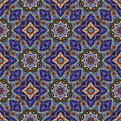 Colorful symmetrical ornament in blue and brown tones, seamless print for fabric.