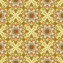Symmetrical summer ornament with abstract lotus flowers. Seamless print for fabric.