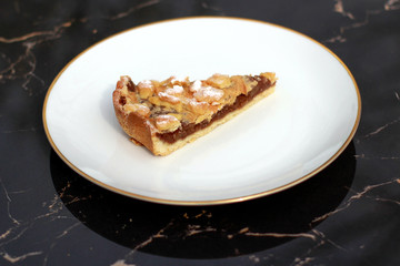 apple pie on a white plate gold tart, apple pie, cake, pie, apple, food, dessert, sweet, plate, pastry, baked, bread, breakfast, snack, apple, white, slice, meal, homemade, cheese, delicious, yummy