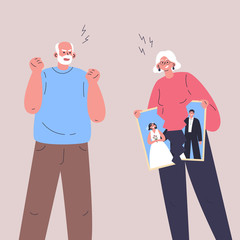 Conflict between woman and man.Quarrel of old male and female.Relationship crisis.Angry couple wants to divorce.Flat cartoon characters isolated on white background.Colorful vector illustration.