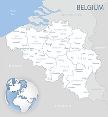 Blue-gray detailed map of Belgium and administrative divisions and location on the globe.
