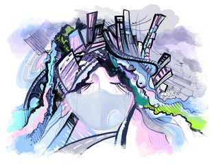abstract image of a girl's head in a protective mask and respirator, symbolizes the difficult situation in empty cities with quarantine and ecology
