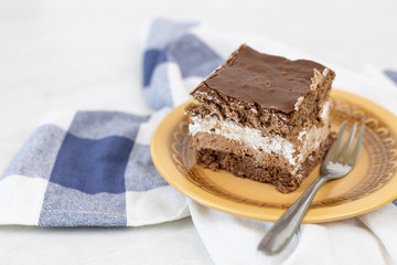 Served chocolate cake on the plate with copy space