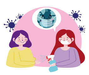 world and women with masks and hands sanitizer gel, covid 19 coronavirus pandemic prevention