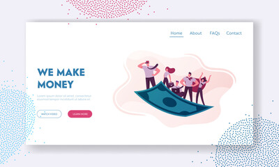 Business People Team Travel on Flying Money Carpet Landing Page Template. Businessman Manager in Superhero Cloak, Financial Success, Teamwork Direction, Goal Achievement. Cartoon Vector Illustration