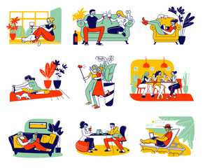 Obraz na płótnie Canvas Set of Male and Female Characters on Coronavirus Quarantine and Stay Home Self Isolation. People Wearing Facial Medical Masks Distant Working, Reading, Sport Exercising . Linear Vector Illustration