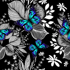 A seamless background with monochrome flowers and butterflies. Vector illustration