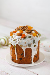 Traditional ukrainian and russian Easter dessert. Orthodox paskha, kulich cakes on table
