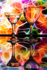 Wine glass with stunning background color patterns and reflections
