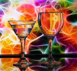 Wine glass with stunning background color patterns and reflections