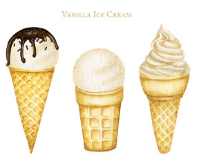 Various vanilla ice-cream scoops decorated with chocolate in waffle cone. Watercolor illustration isolated on white background.