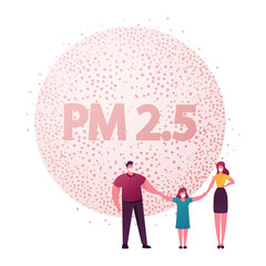 Family Characters Wearing Protective Face Masks Holding Hands. City Environment Air Pollution Concept with Industrial Pipes Emitting Pm 2,5 Dust Smoke and Smog. Cartoon People Vector Illustration