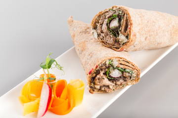 Delicious organic chicken shawarma for healthy living. Fresh homemade food Photogrphy perfect for takeaway and delivery concept.