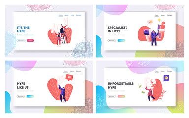 Fototapeta na wymiar Hype, Social Media Viral or Fake Content Spreading Landing Page Template Set. Tiny Male and Female Characters with Huge Letters in Hands and Megaphone, Money Bills. Cartoon Vector People Illustration