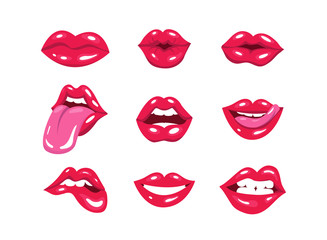 Set of sexy red pop art lips. Vector illustration of woman's lips expressing different emotions, kiss, half-open mouth, such as smile, biting lip, lip licking, tongue out. vector illustration