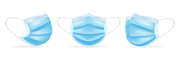 Medical masks template in different angles. To protect coronavirus, infection and contaminated air. Realistic 3D surgical mask. Isolated on white background. Vector illustration