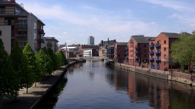 Leeds City Centre Canal And Buildings UK 4K