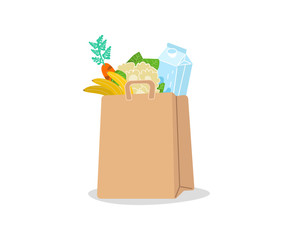 Shopping basket full of groceries products. Grocery store. Eco shopping bags and baskets with food. Vector supermarket illustration