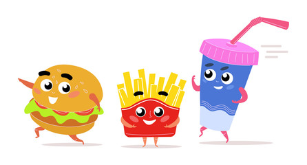 Characters hamburger, French fries, cocktail cup. Vector. Logos for fast food. Funny illustration of food delivery. Running takeaway cartoon food. vector illustration