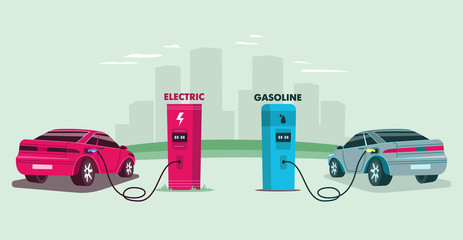 Electric charging station and petrol gas station against the background of the city. Energy conceptual Vector flat illustration.