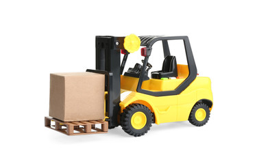 Forklift model and carton boxes on white background. Courier service