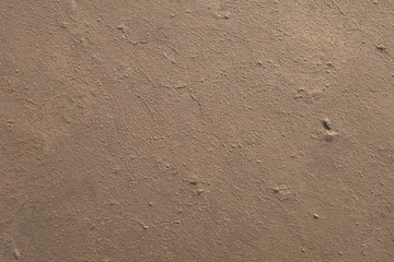 Sandy bottom of a dried reservoir with cracks and salt crystals.