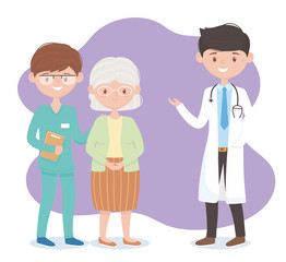 physician nurse and grandmother characters, doctors and elderly people