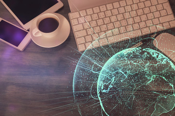 Double exposure of social network theme drawing over table with phone. Top view. People connecting concept.