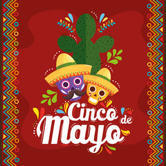 Mexican skulls with hats and cactus design, Cinco de mayo mexico culture tourism landmark latin and party theme Vector illustration