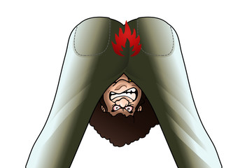 illustration of a man looking down at his anus that was burning looking for hemorrhoid solution - obrazy, fototapety, plakaty
