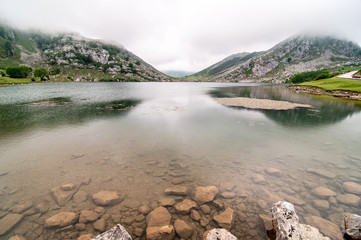 Ultra angular view of lake Enol in Covadonga, Asturias, northern Spain