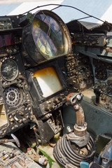Lutsk, Ukraine - August 11, 2019: Interior details of the cabin of the Soviet jet bomber. Pilot seat view